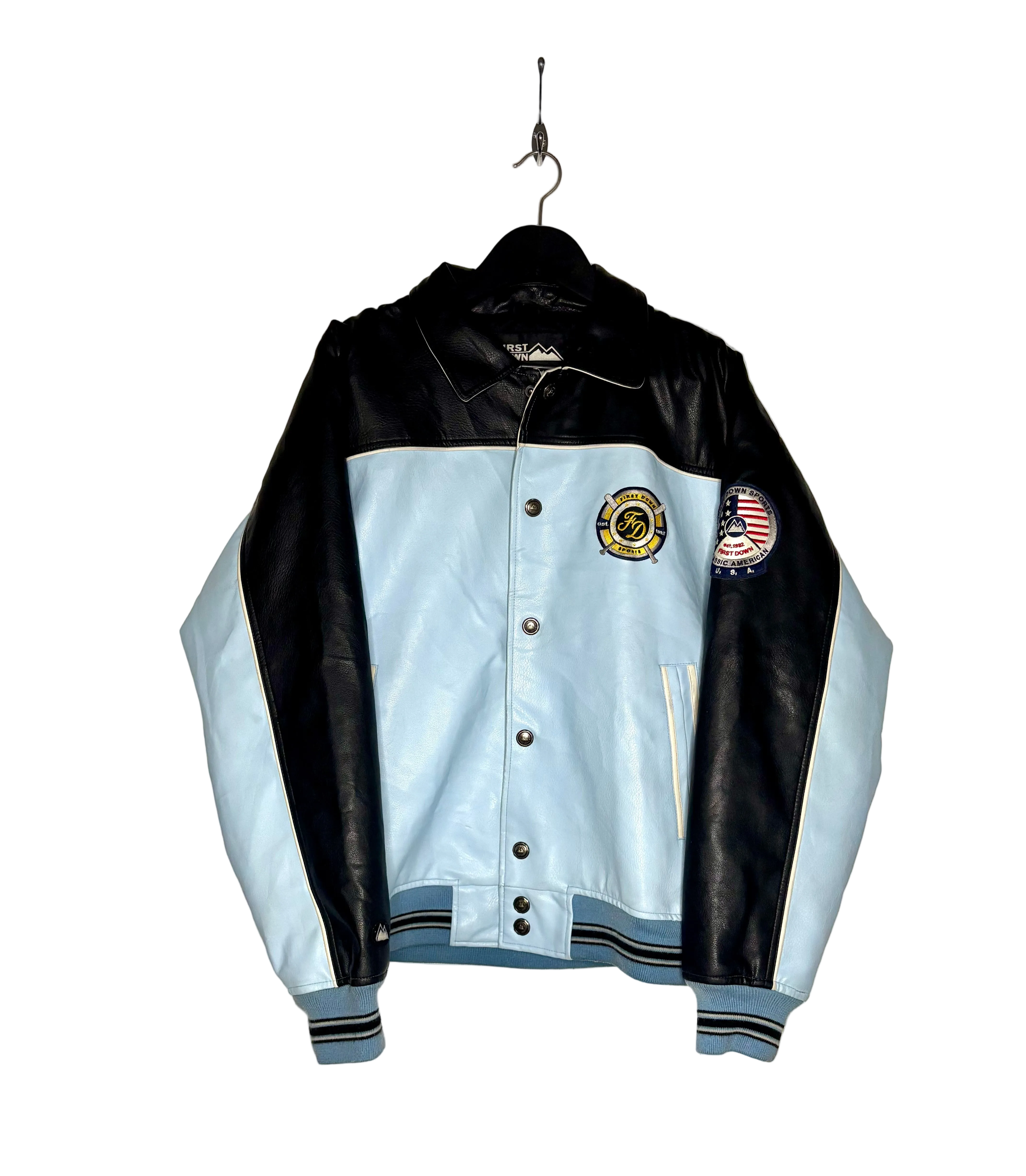 suède jacket vintage First down 90s Vintage First Down Leather Jacket Hellblau Größe L