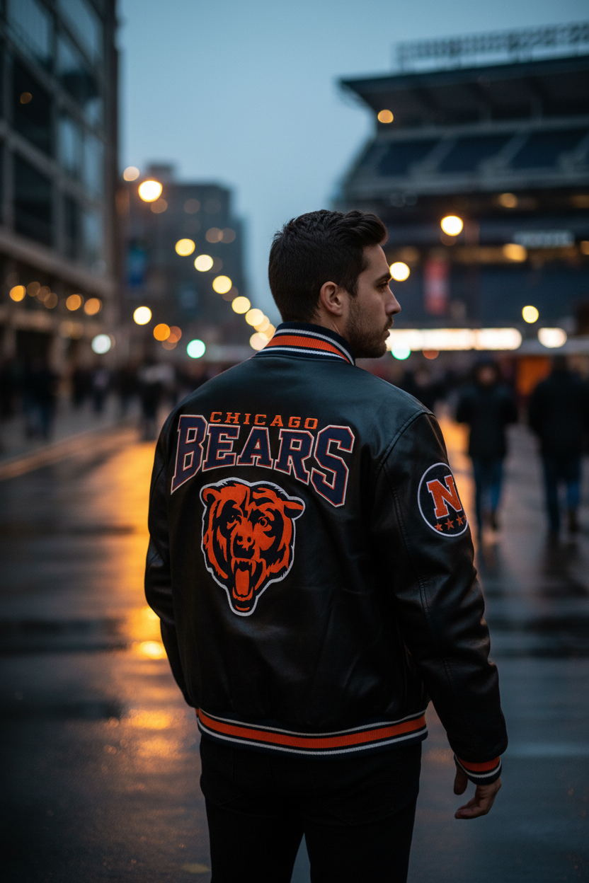 NFL Vintage Chicago Bears Lederjacke Schwarz Größe XL