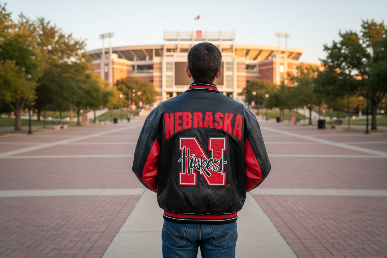 Vintage Nebraska Huskies NCAA Lederjacke Global III Leather Schwarz Größe XL
