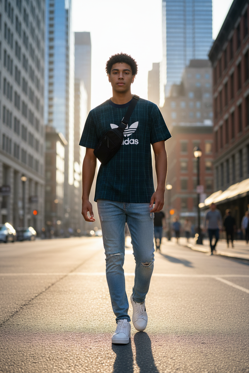 Adidas Vintage Logoprint T-Shirt Grün kariert Größe S