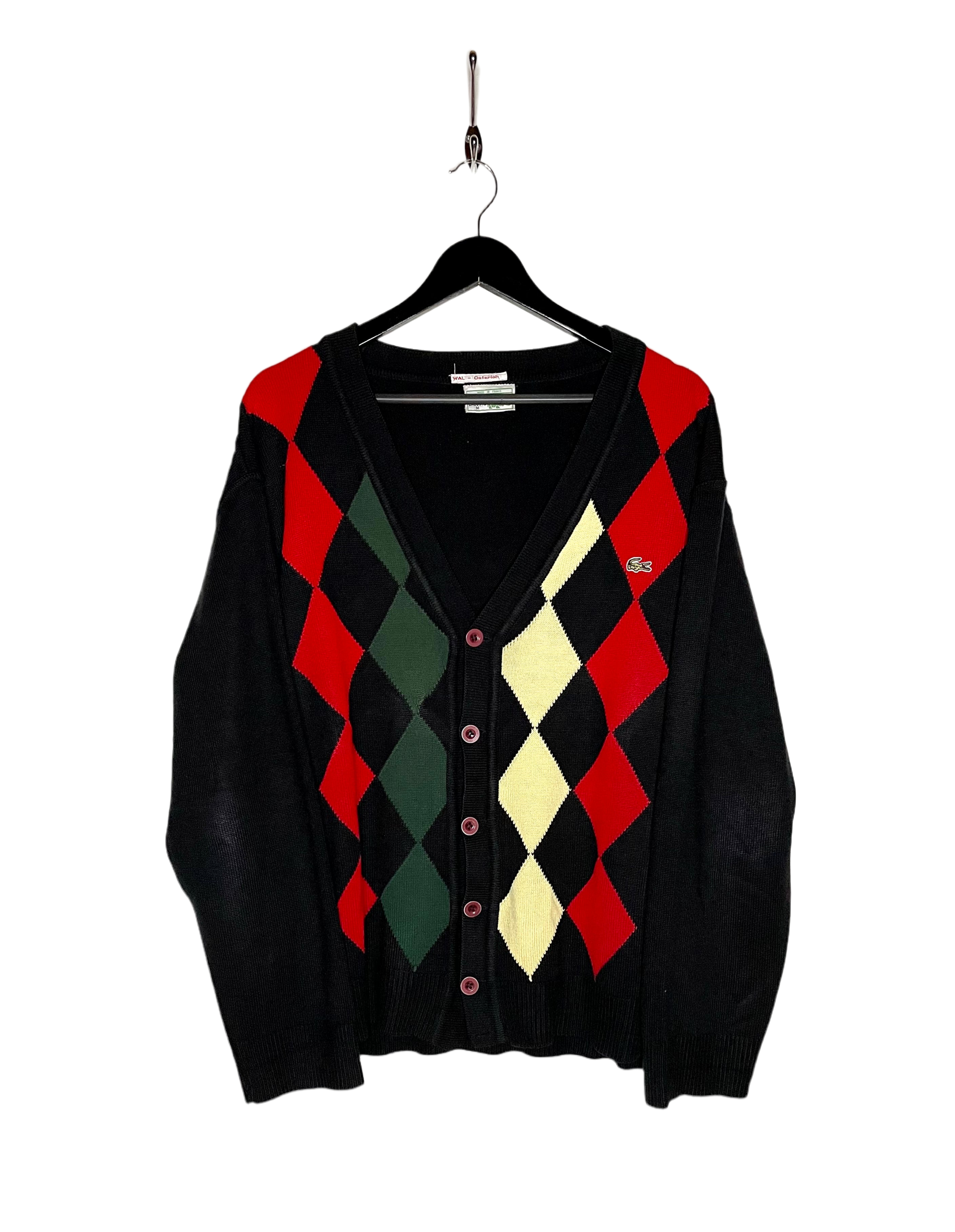 Lacoste Vintage Cardigan Black/Red/Green Checked Size M 