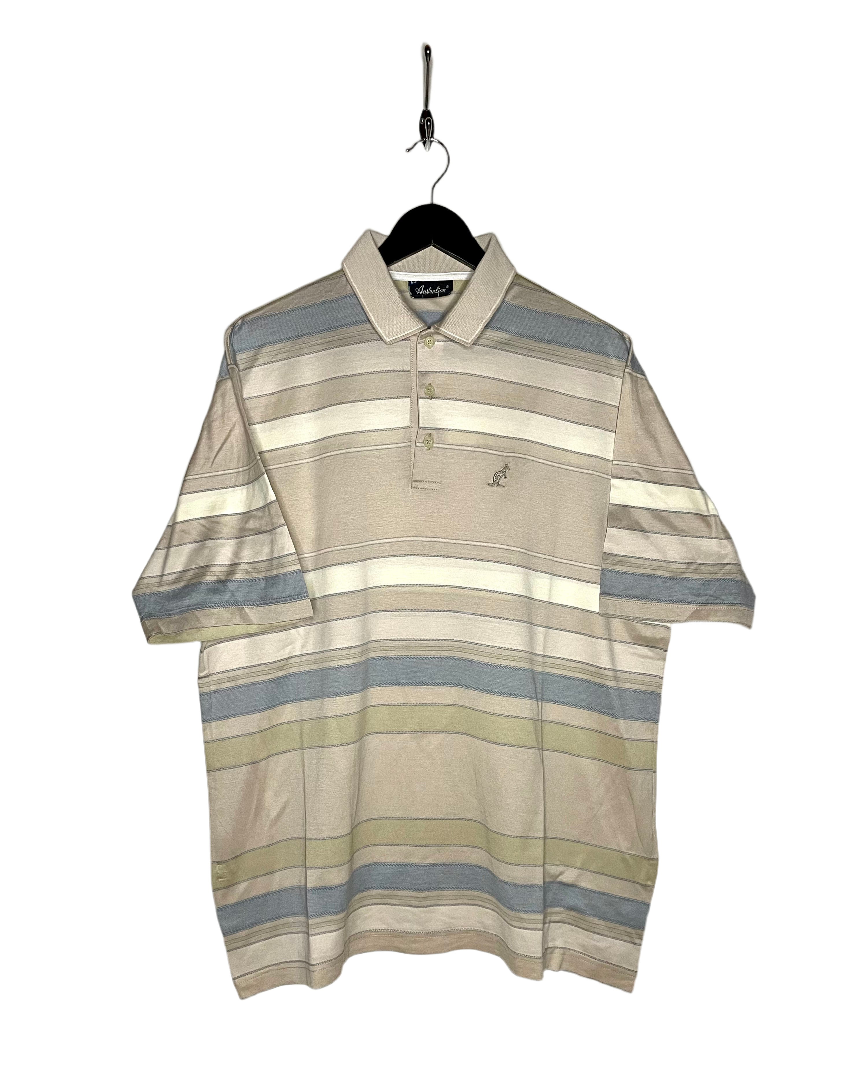 Australian Vintage Polo Shirt Beige/Blue Stripes Size XL 