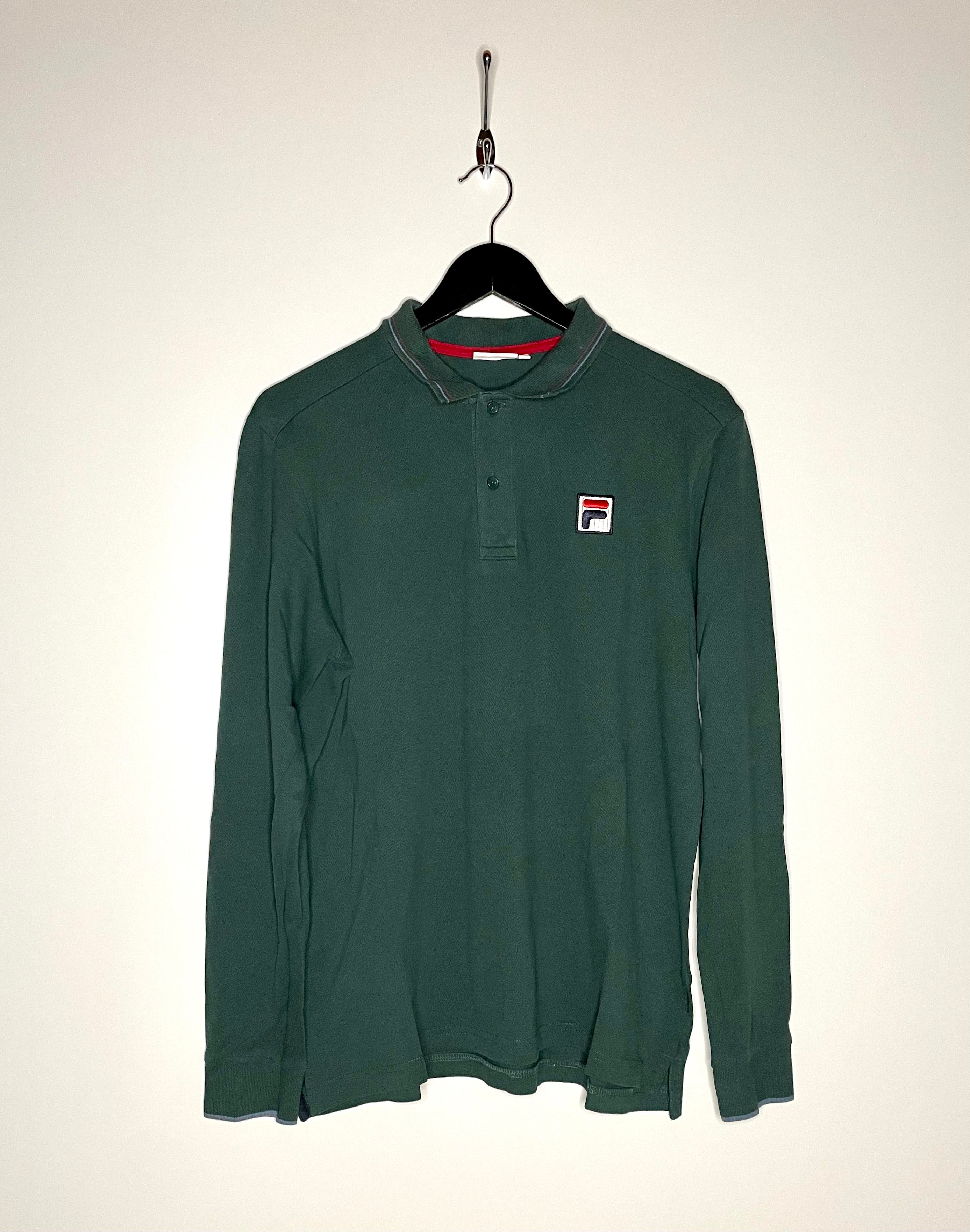 FILA Vintage Long Sleeve Polo Shirt Green Size M 