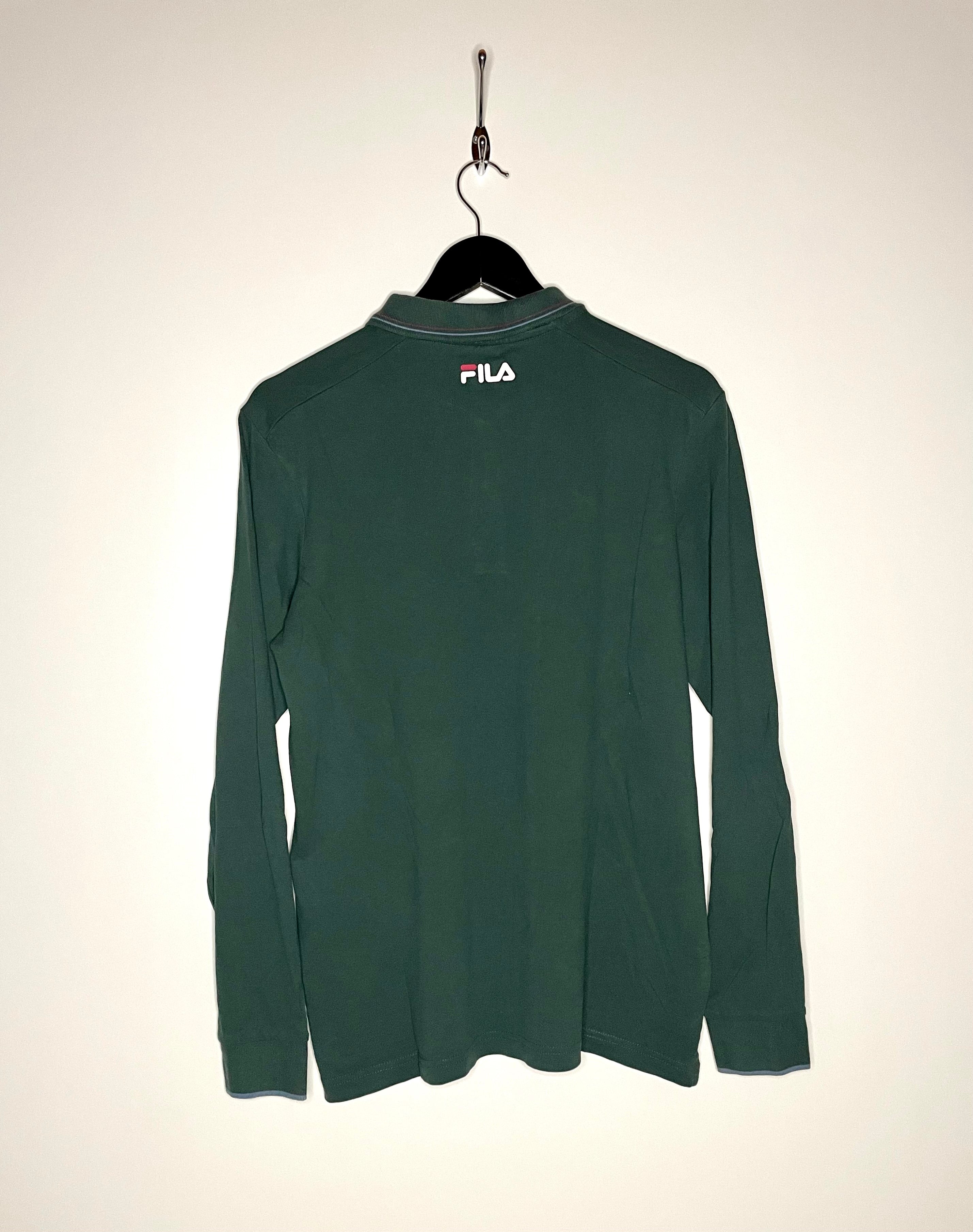 FILA Vintage Long Sleeve Polo Shirt Green Size M 