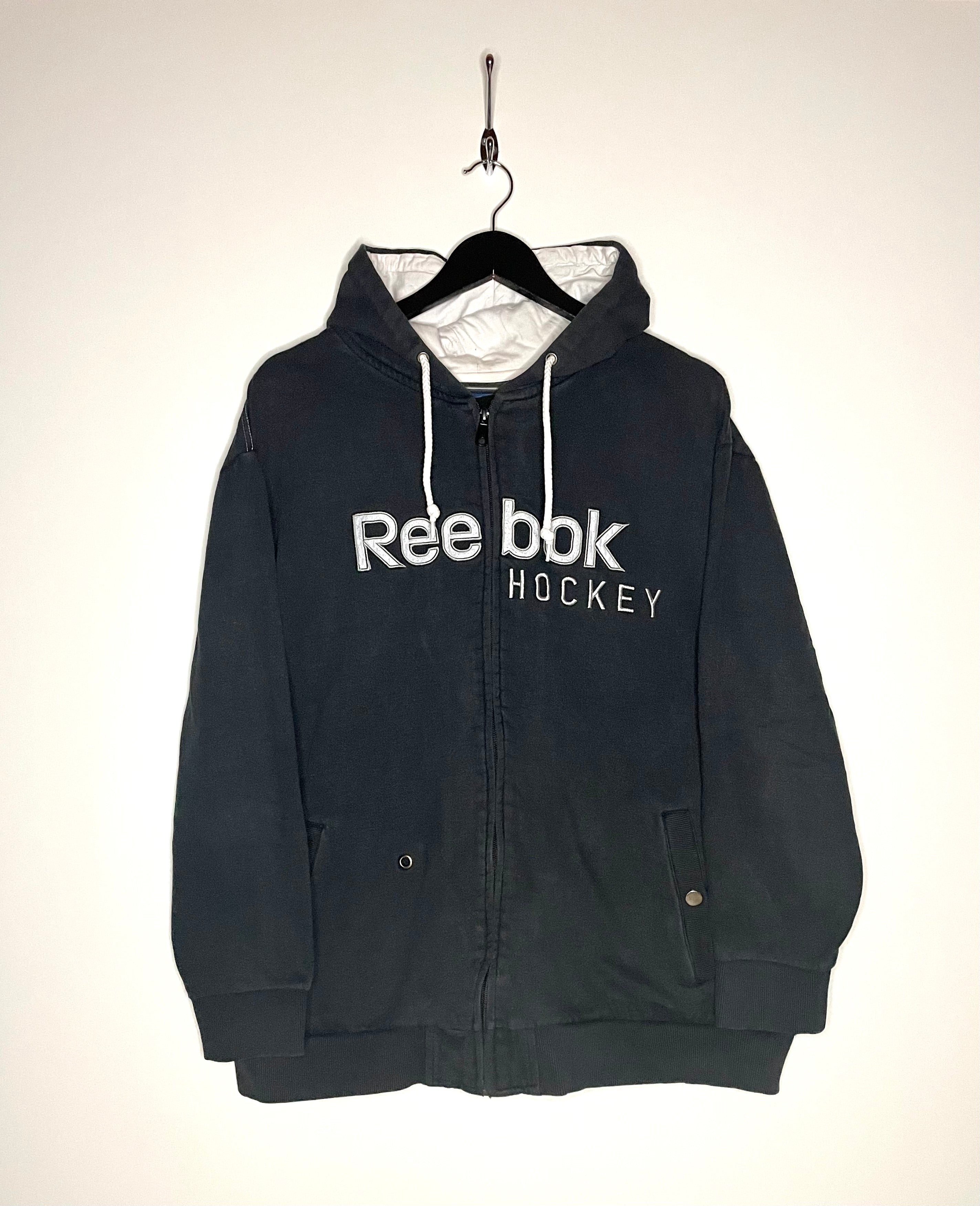 Reebok Hockey Vintage bordado Zip sudadera con capucha azul oscuro tamaño XL 